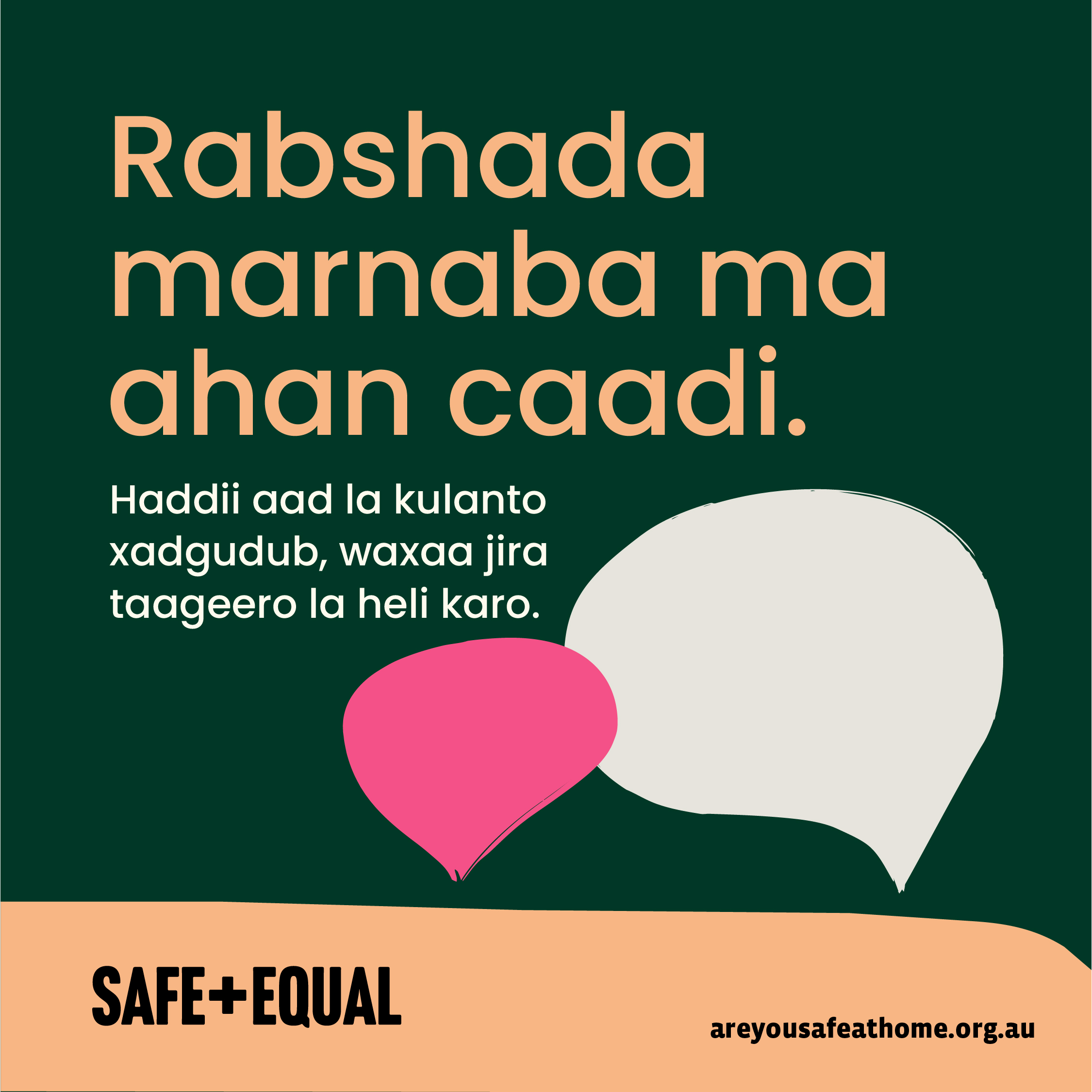 Social media tile for Are you safe at home translated into Somali